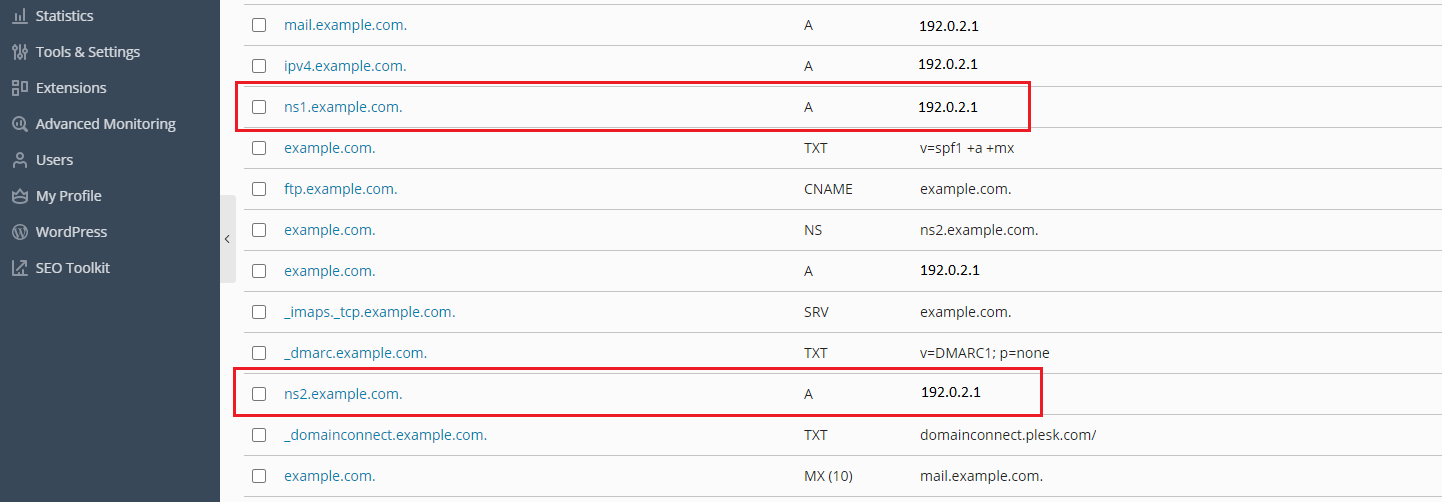 image plesk ns records