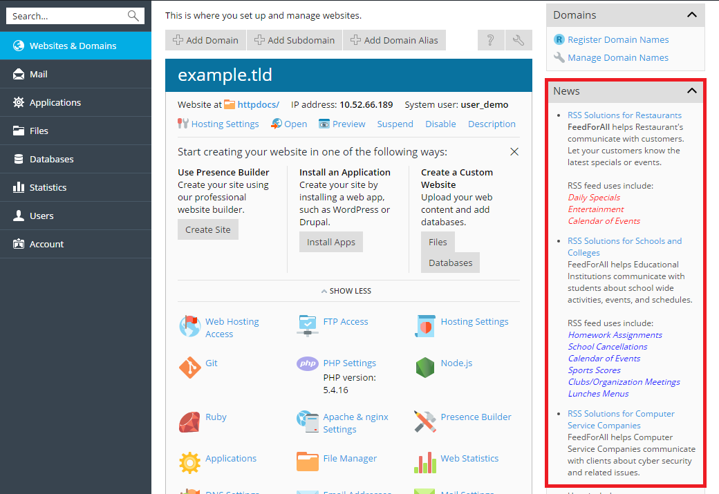 Fuentes RSS | Plesk Onyx documentation