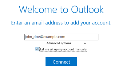 "Advanced options" kohdan vieressä napsauta valitsinta, valitse "Let me set up my account manually" valintaruutu ja napsauta sitten "Connect" painiketta.