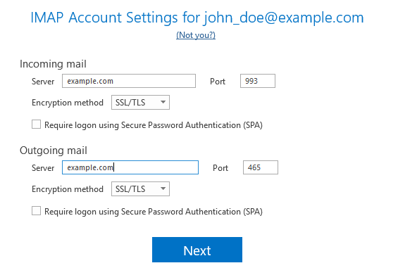 Microsoft Office Outlook tunnistaa sähköpostiosoitteen asetukset automaattisesti. Tarvittaessa muuta saapuvan ja lähtevän postin asetuksia (esimerkiksi palvelimen nimi ja porttinumerot) ja napsauta sitten "Next" painiketta.