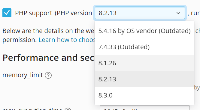 image php version selector